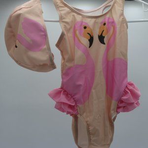 Girls Swimsuit w/ Cap - Pink Flamingos - L